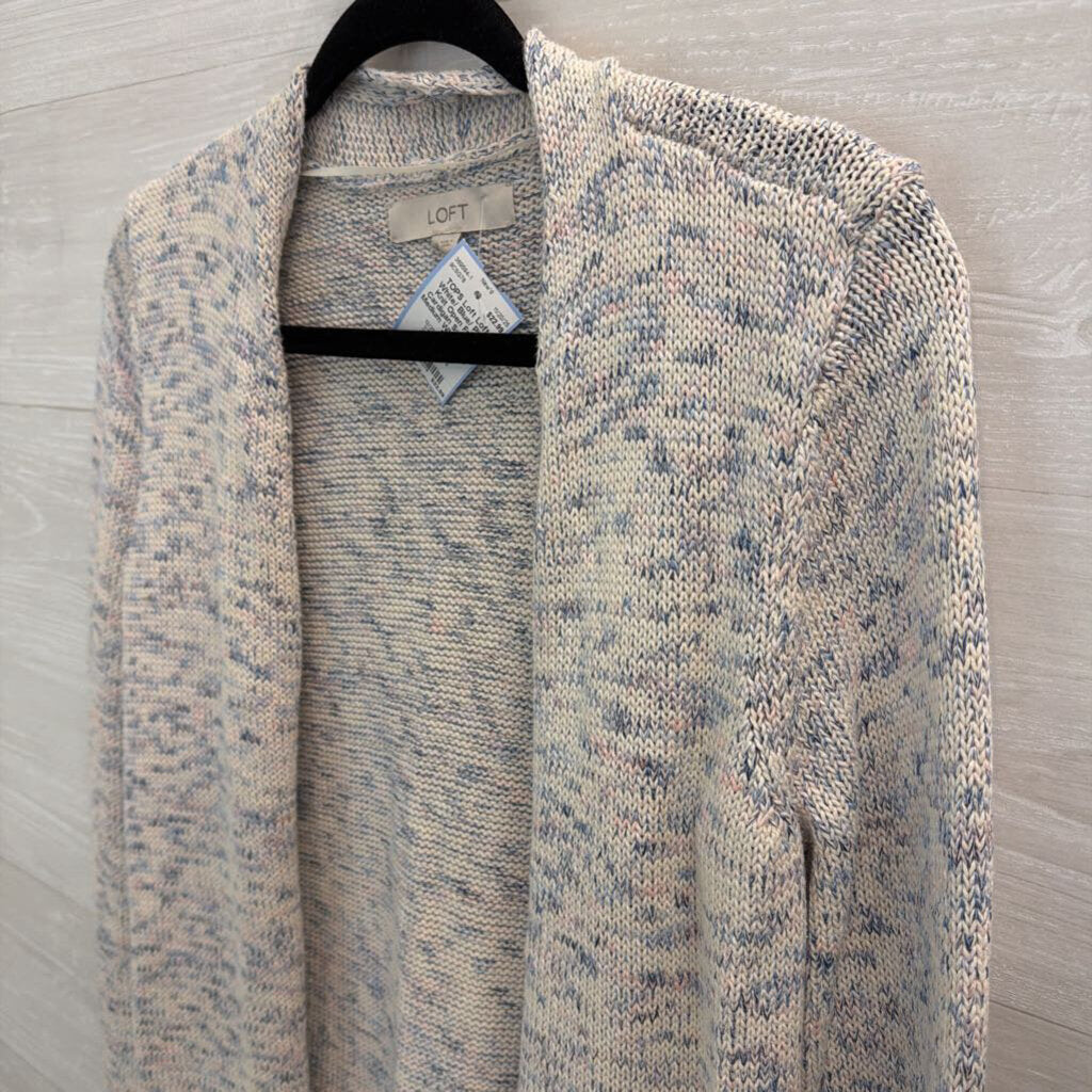 Loft White/ Blue/ Pink Knit Open Front Cardigan Sweater Medium