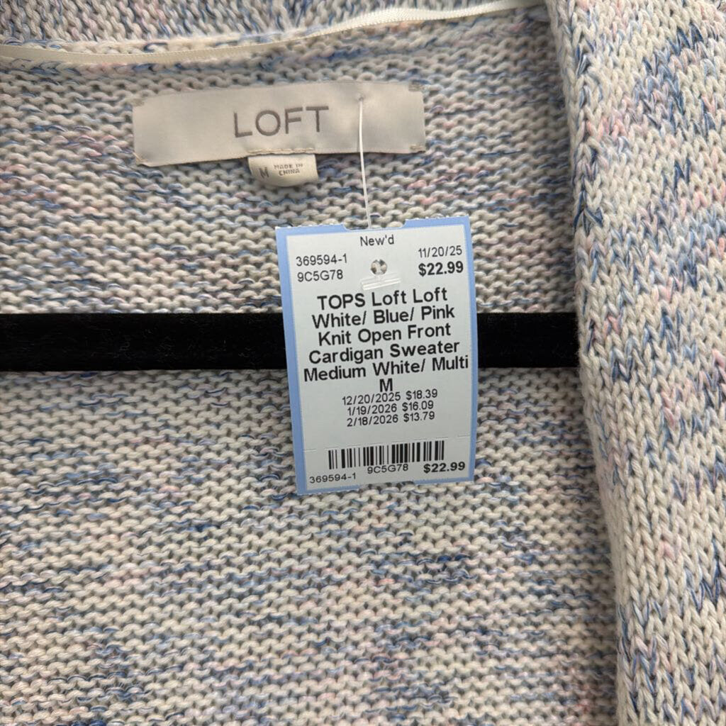 Loft White/ Blue/ Pink Knit Open Front Cardigan Sweater Medium