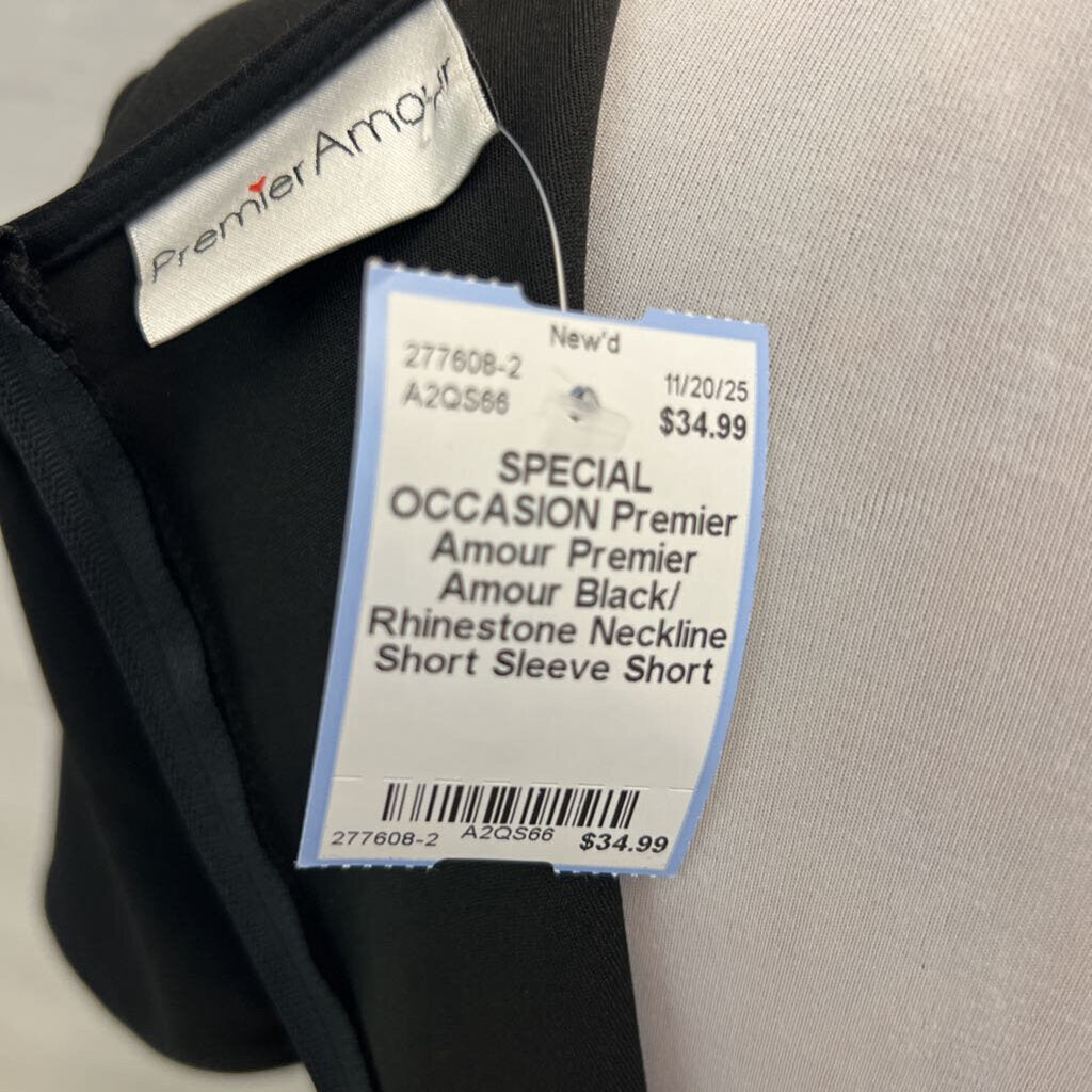 Premier Amour Black/ Rhinestone Neckline Short Sleeve Short Formal Dress Medium