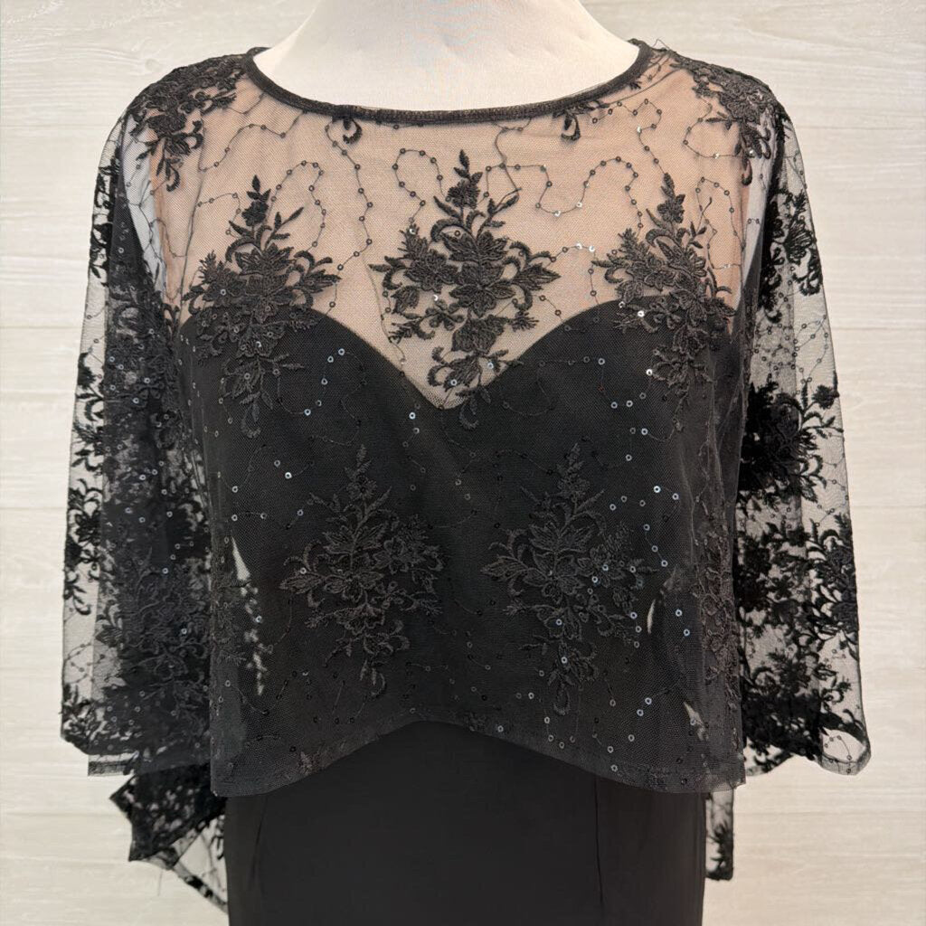 R and M Richards Black Sequin Lace Cape Top Short Formal Dress 10