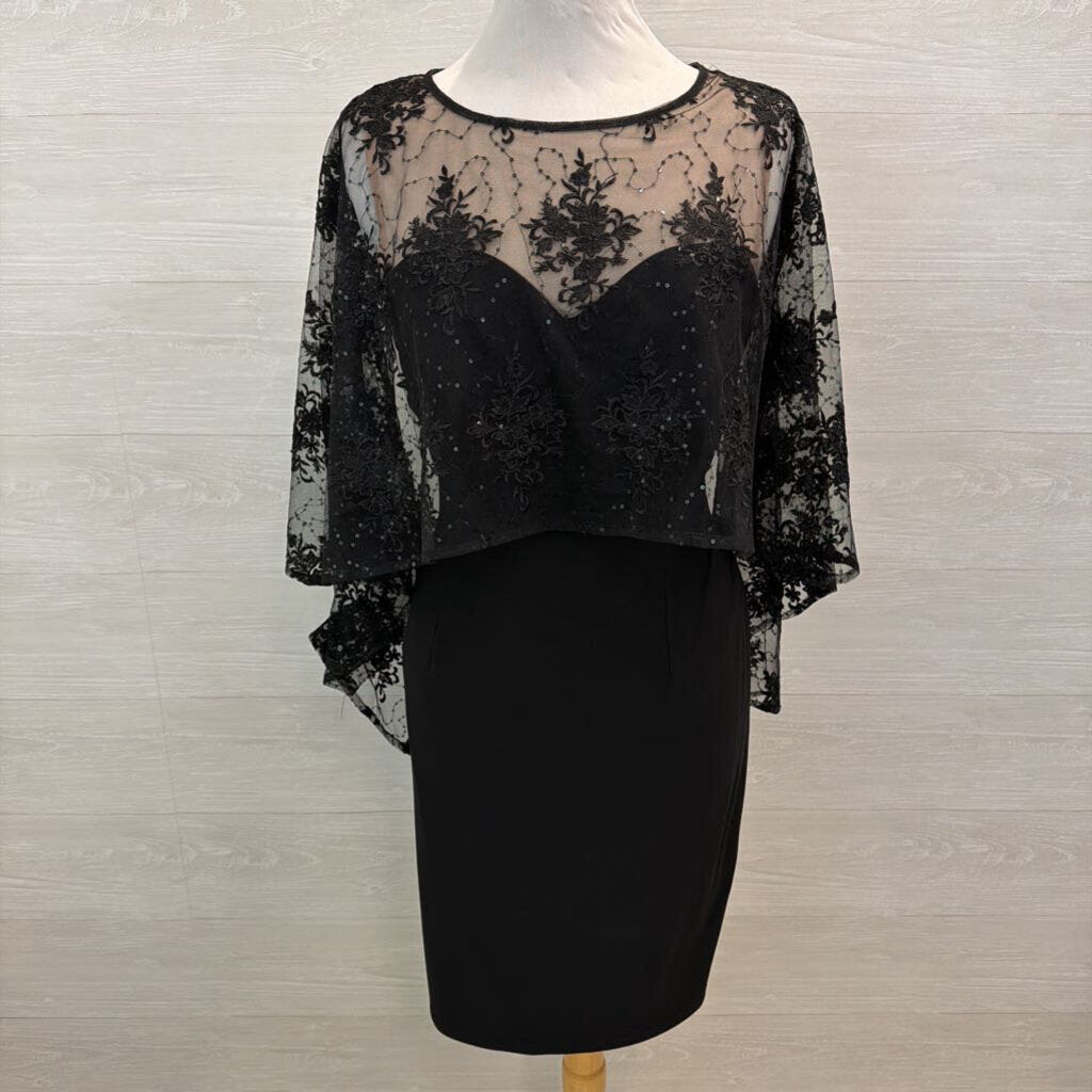 R and M Richards Black Sequin Lace Cape Top Short Formal Dress 10