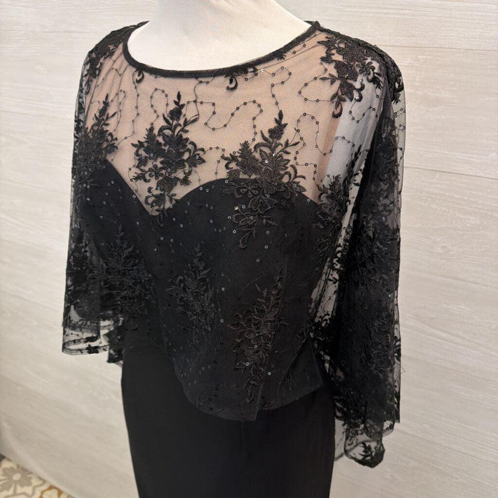 R and M Richards Black Sequin Lace Cape Top Short Formal Dress 10