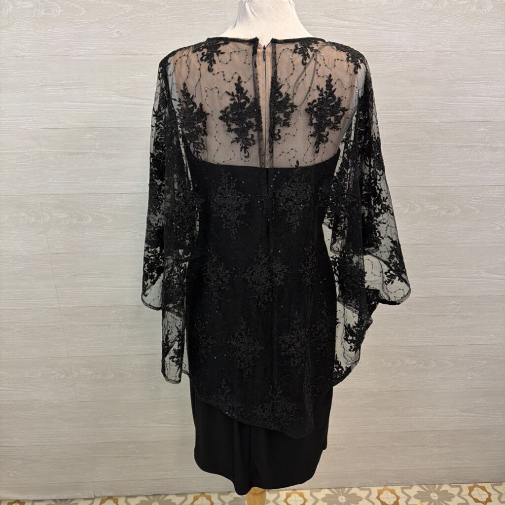 R and M Richards Black Sequin Lace Cape Top Short Formal Dress 10