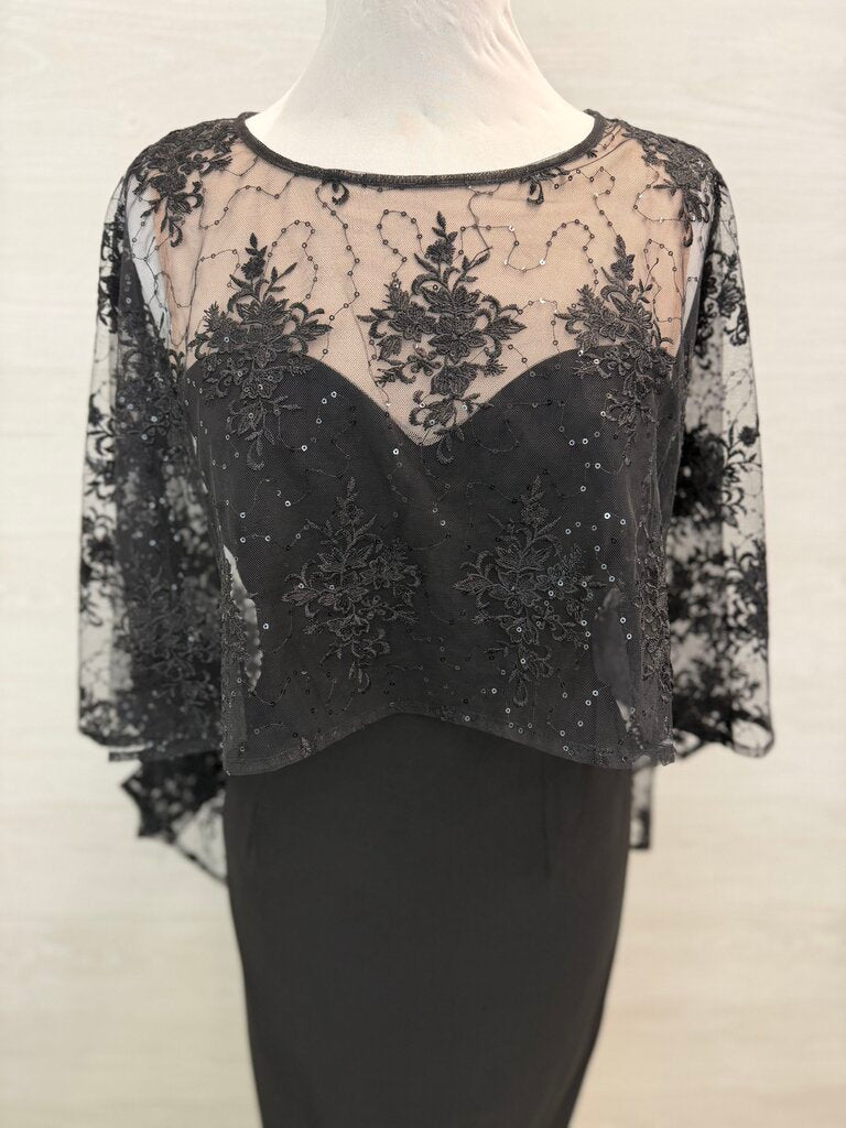 R and M Richards Black Sequin Lace Cape Top Short Formal Dress 10