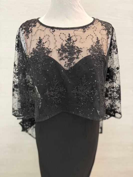 R and M Richards Black Sequin Lace Cape Top Short Formal Dress 10