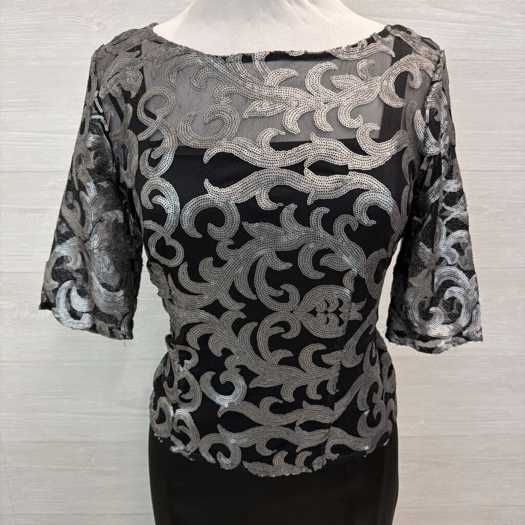 Le Bos Black/ Silver Sequin Print Top Long Formal Dress 10