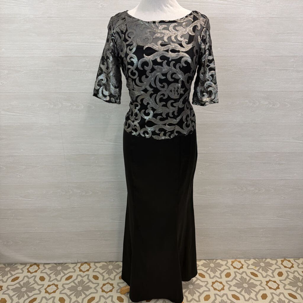 Le Bos Black/ Silver Sequin Print Top Long Formal Dress 10