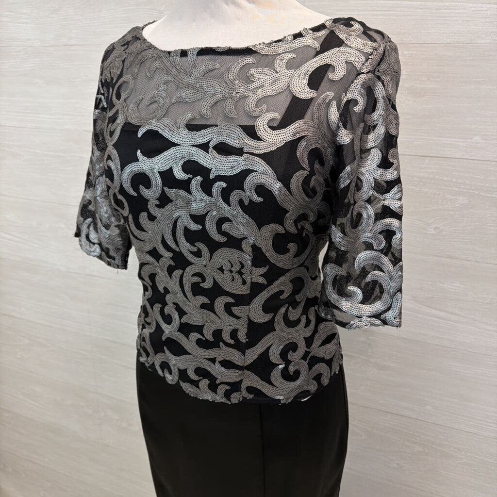 Le Bos Black/ Silver Sequin Print Top Long Formal Dress 10
