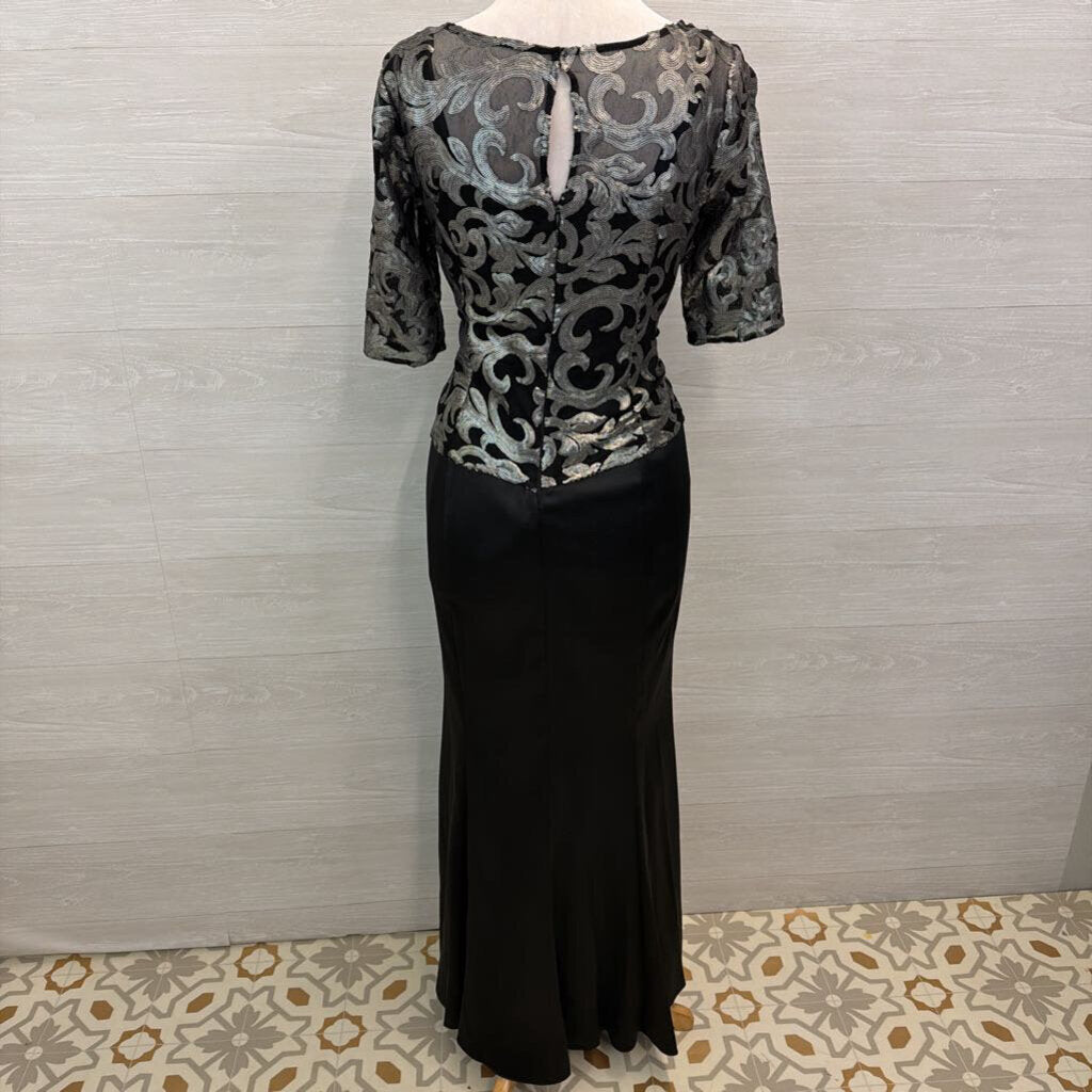 Le Bos Black/ Silver Sequin Print Top Long Formal Dress 10