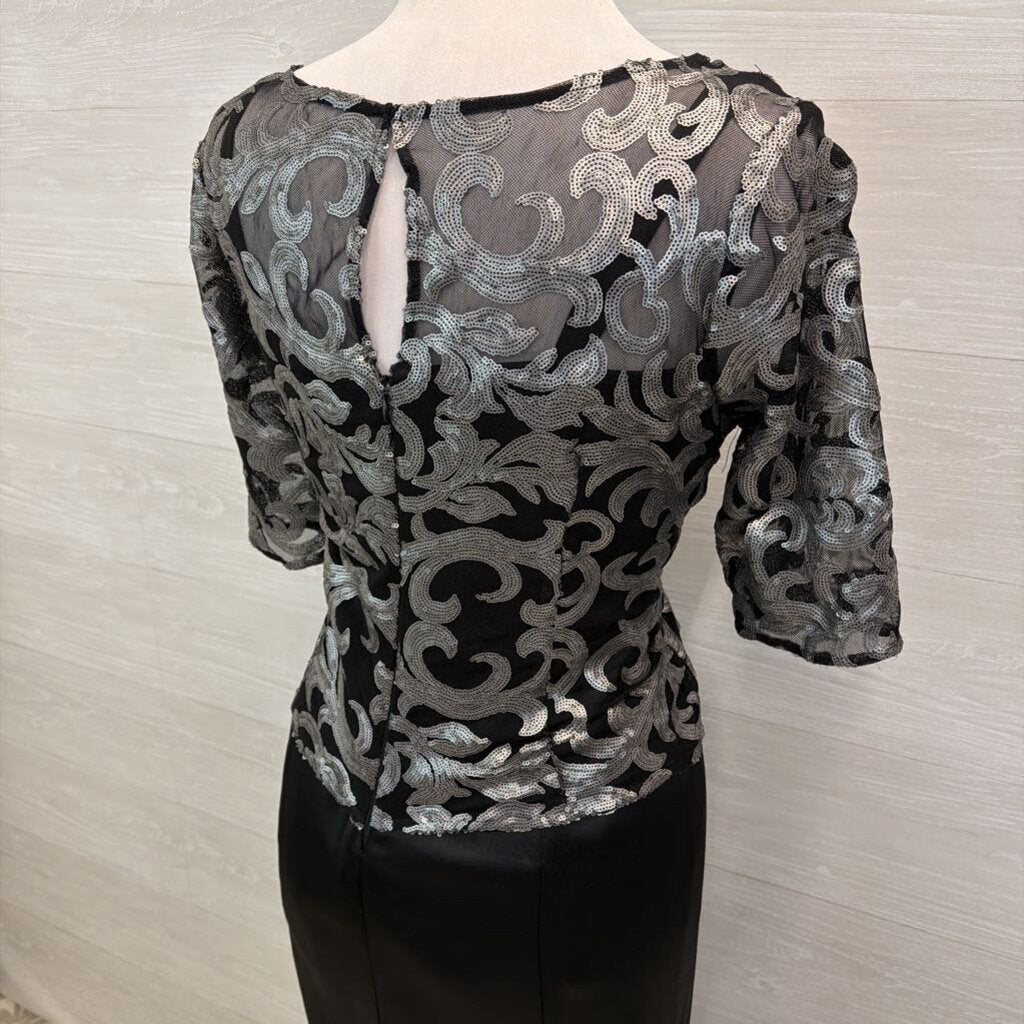 Le Bos Black/ Silver Sequin Print Top Long Formal Dress 10