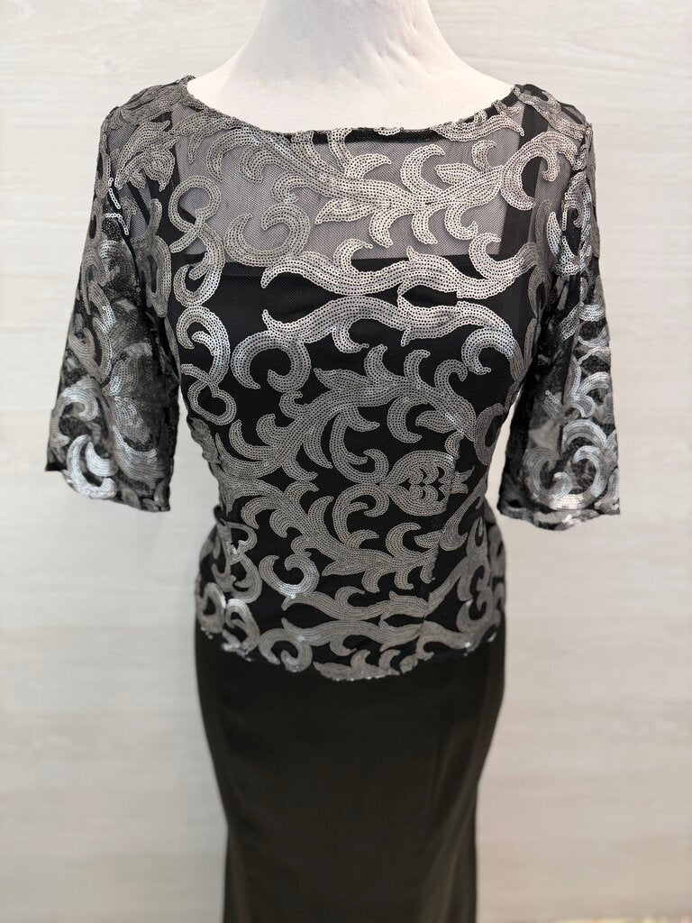 Le Bos Black/ Silver Sequin Print Top Long Formal Dress 10