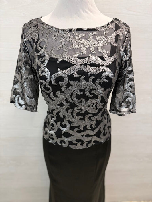 Le Bos Black/ Silver Sequin Print Top Long Formal Dress 10