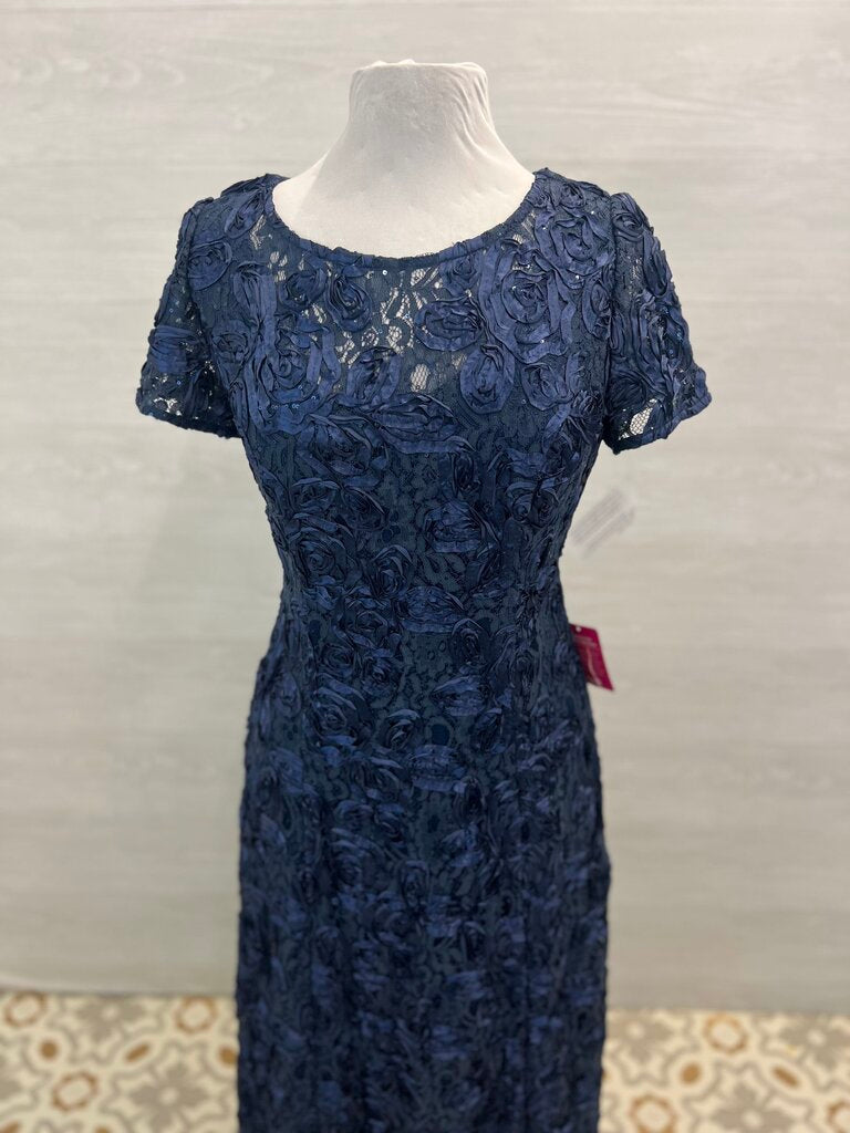 Alex Evenings Navy Textured Lace Short Sleeve Long Formal Dress 10