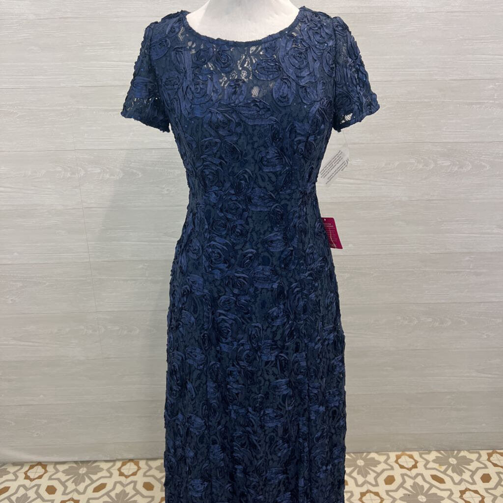 Alex Evenings Navy Textured Lace Short Sleeve Long Formal Dress 10