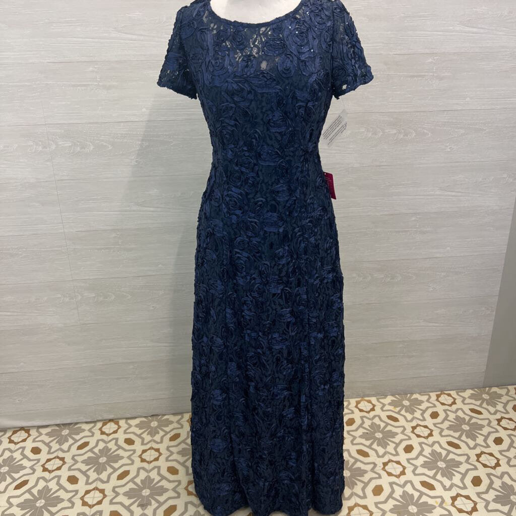 Alex Evenings Navy Textured Lace Short Sleeve Long Formal Dress 10