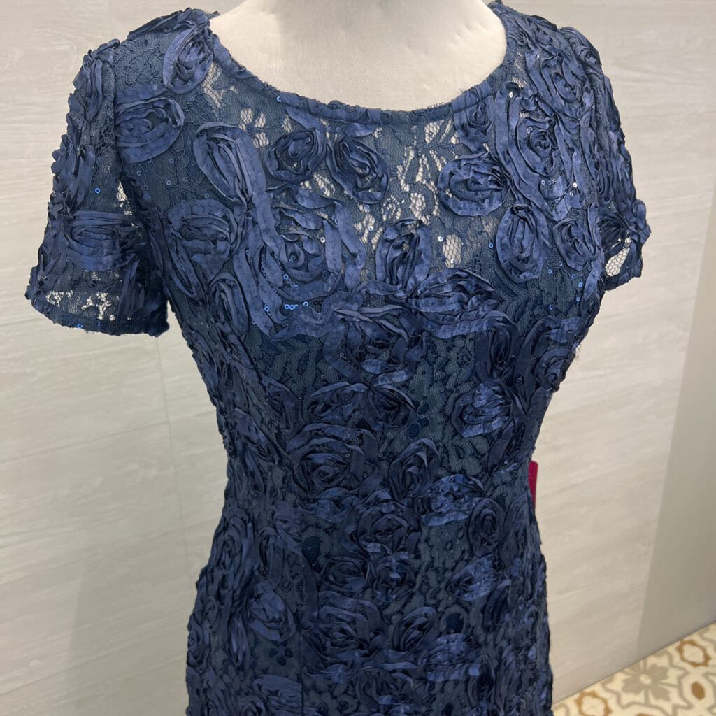 Alex Evenings Navy Textured Lace Short Sleeve Long Formal Dress 10