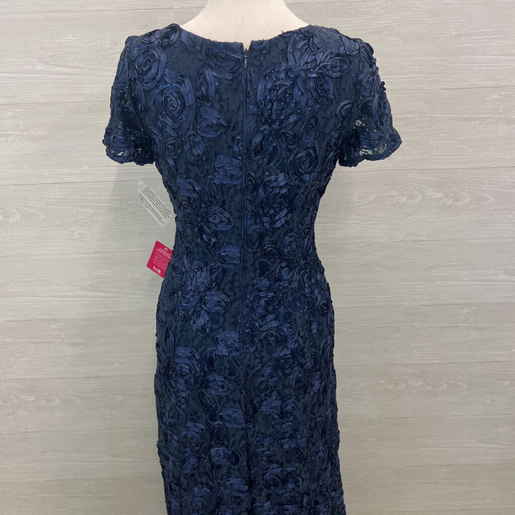 Alex Evenings Navy Textured Lace Short Sleeve Long Formal Dress 10