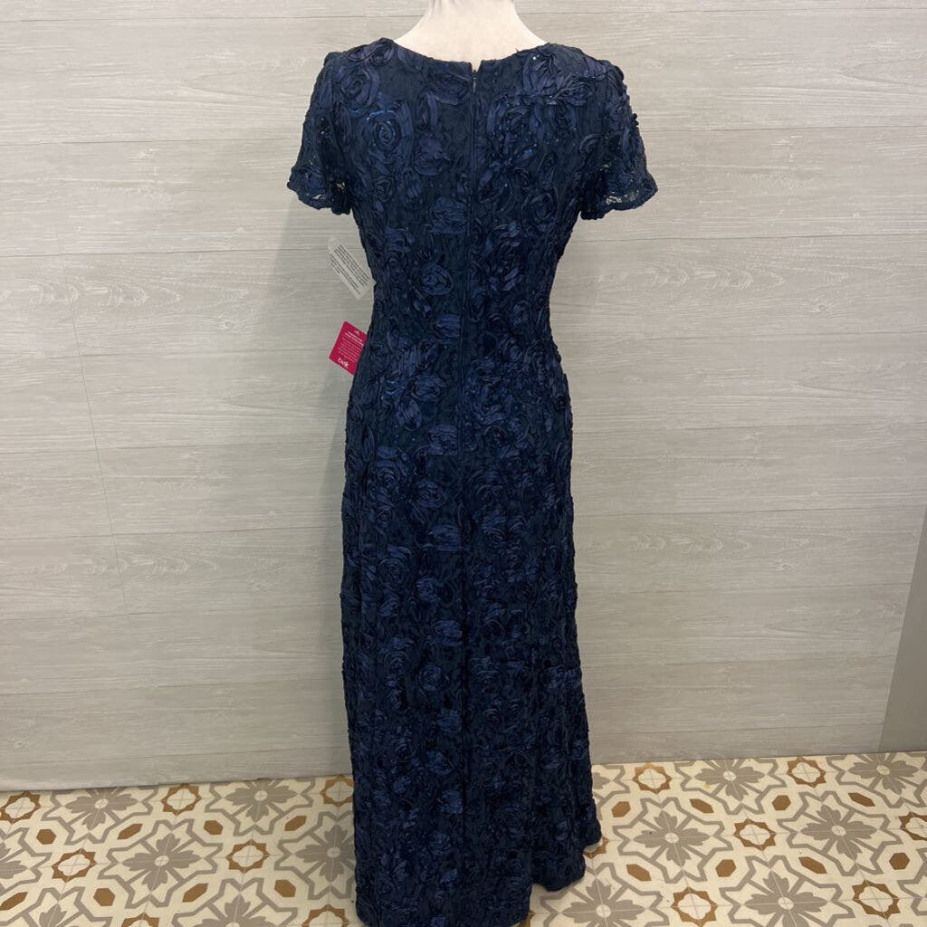 Alex Evenings Navy Textured Lace Short Sleeve Long Formal Dress 10