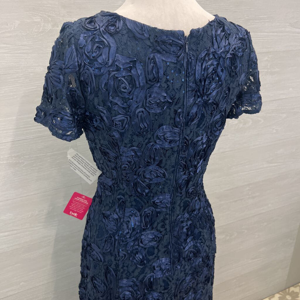 Alex Evenings Navy Textured Lace Short Sleeve Long Formal Dress 10