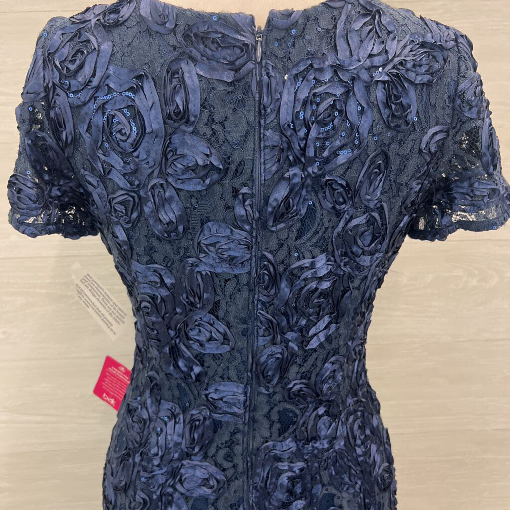 Alex Evenings Navy Textured Lace Short Sleeve Long Formal Dress 10
