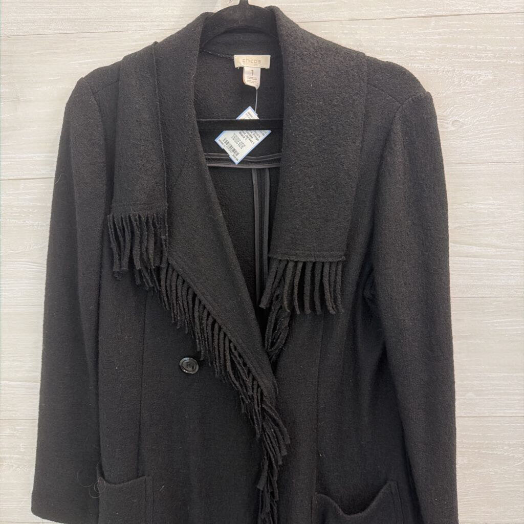 Chicos Black Fringe Trim Double Breasted Jacket 1