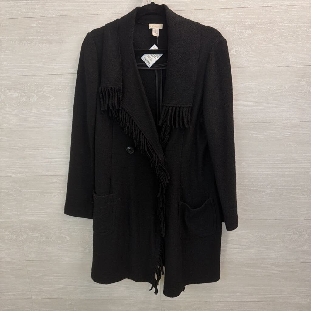 Chicos Black Fringe Trim Double Breasted Jacket 1
