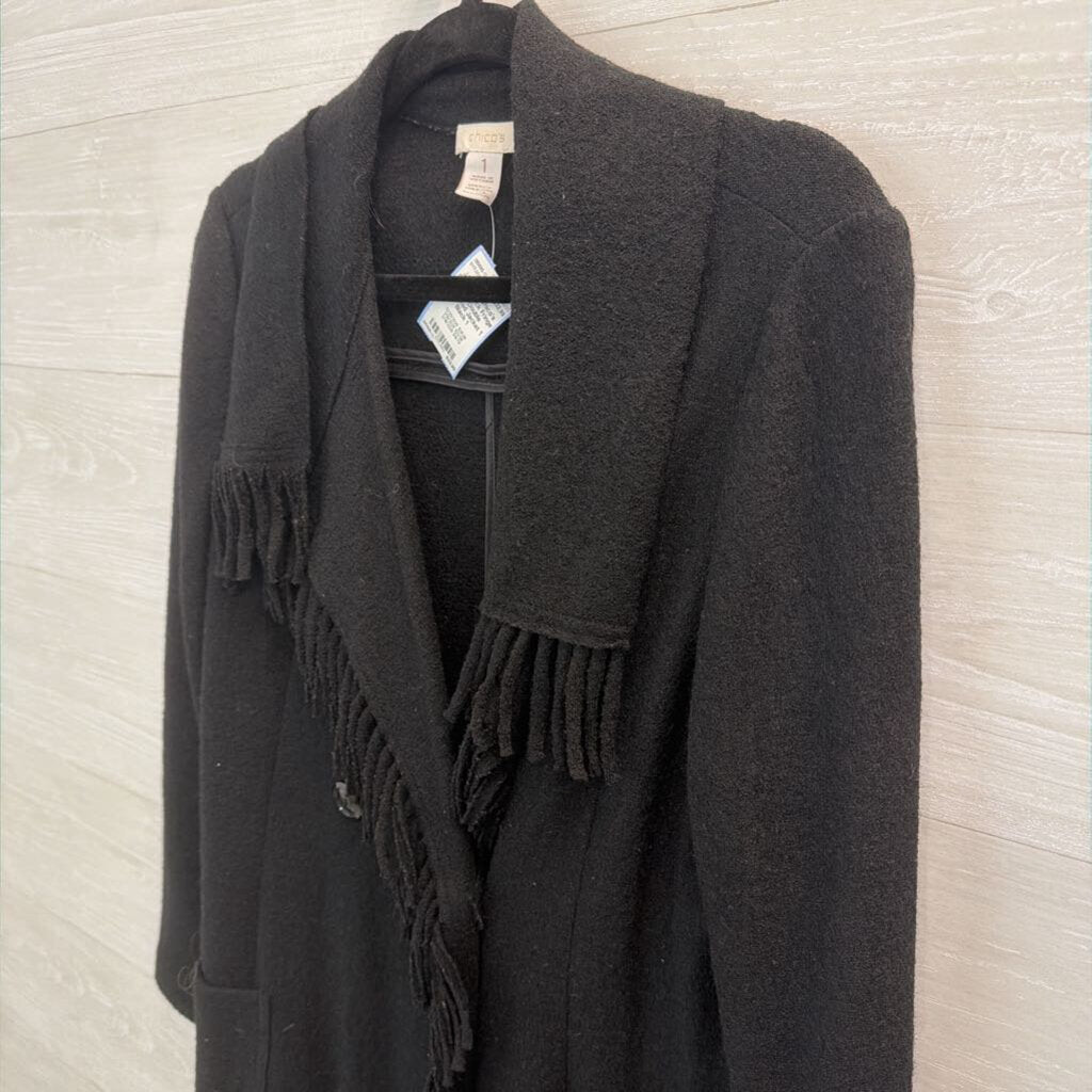 Chicos Black Fringe Trim Double Breasted Jacket 1