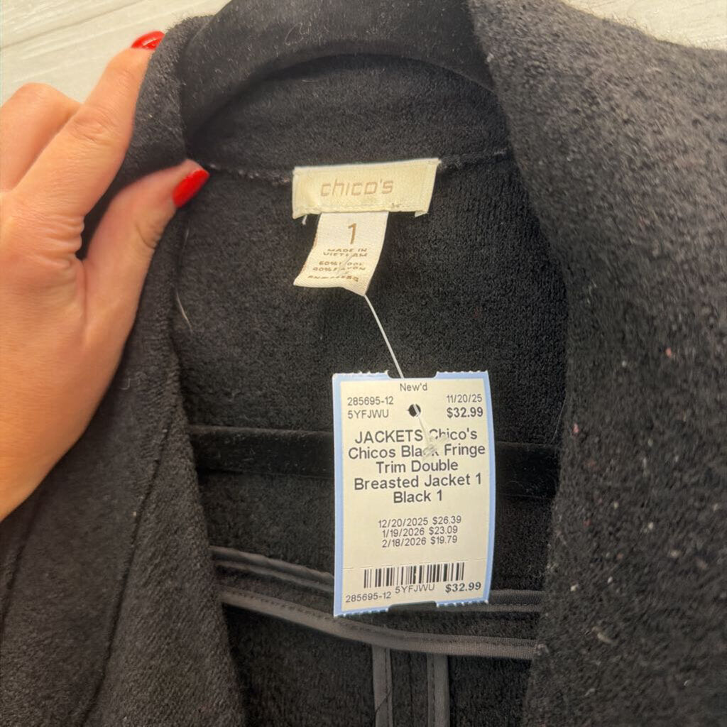 Chicos Black Fringe Trim Double Breasted Jacket 1