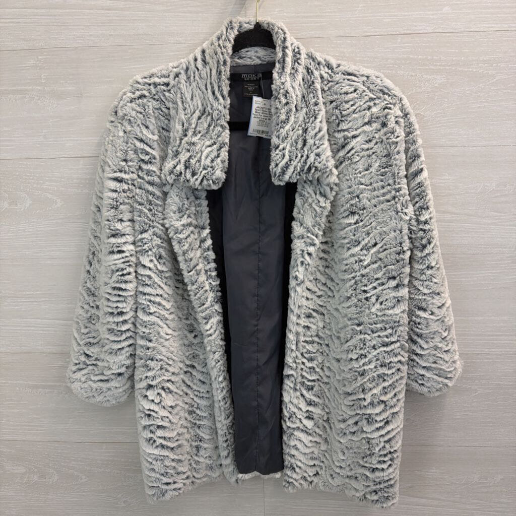 Moka Sport Blue/ White Soft Faux Fur Open Front Jacket Large