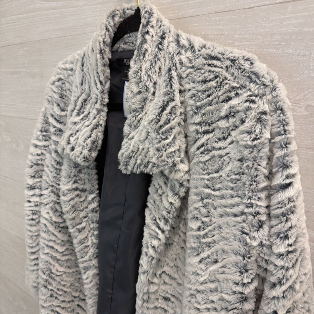 Moka Sport Blue/ White Soft Faux Fur Open Front Jacket Large