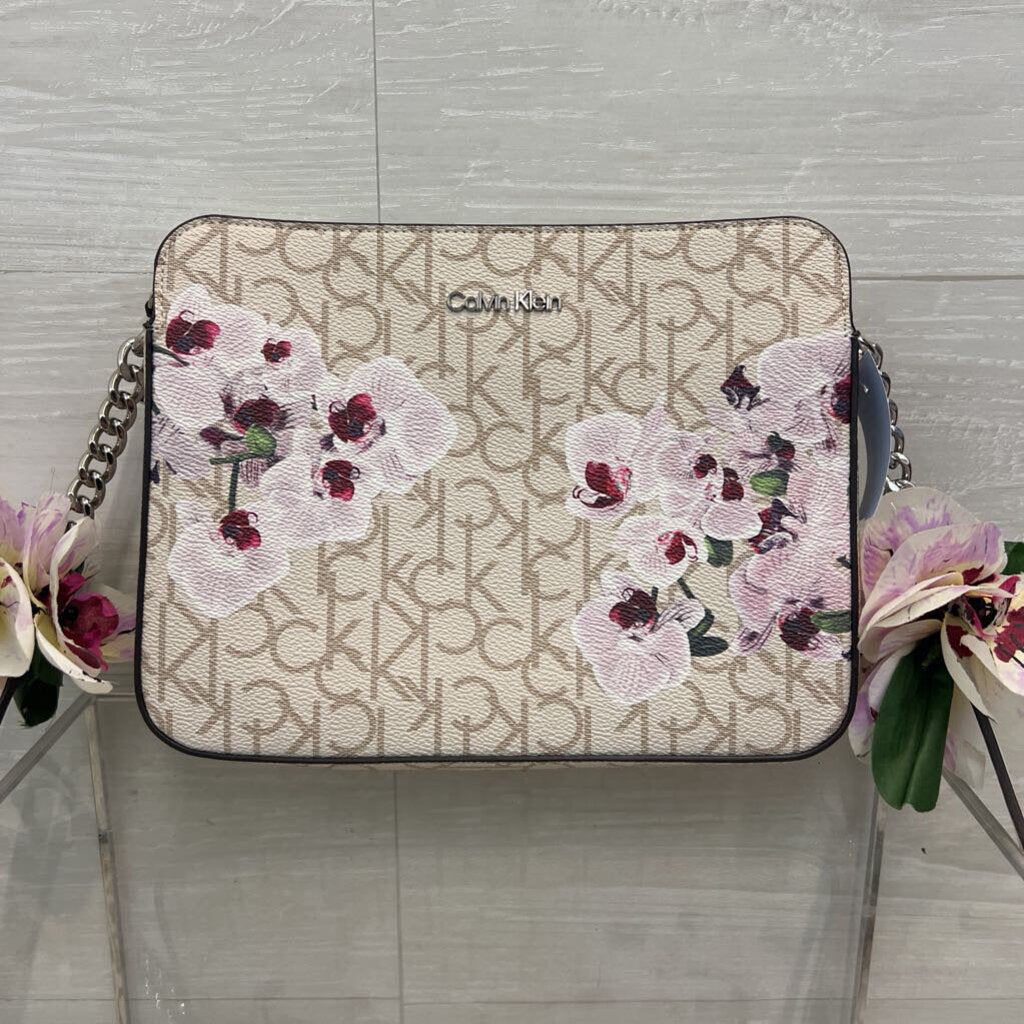 Calvin Klein Cream Logo Orchid Print Crossbody Purse