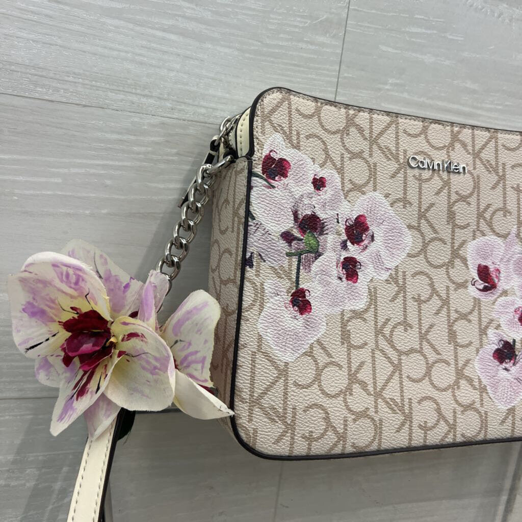 Calvin Klein Cream Logo Orchid Print Crossbody Purse