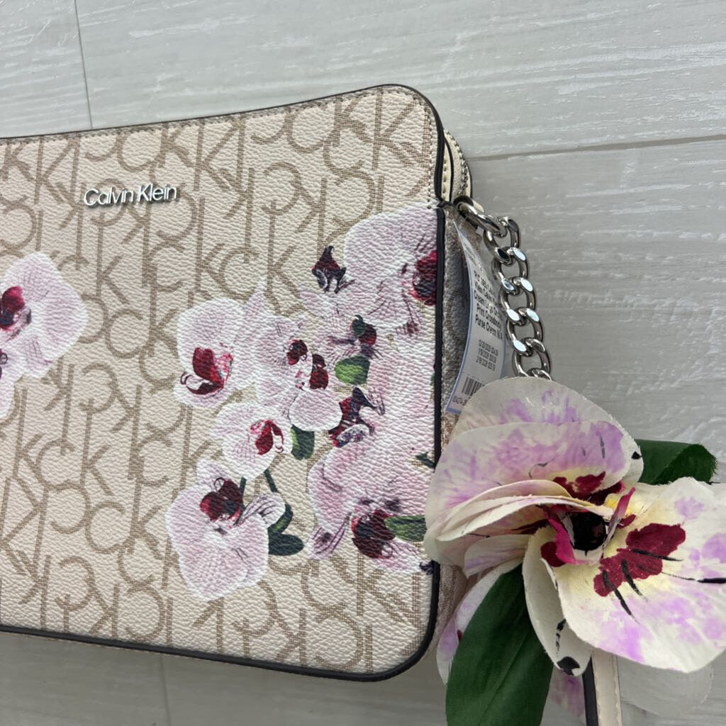 Calvin Klein Cream Logo Orchid Print Crossbody Purse