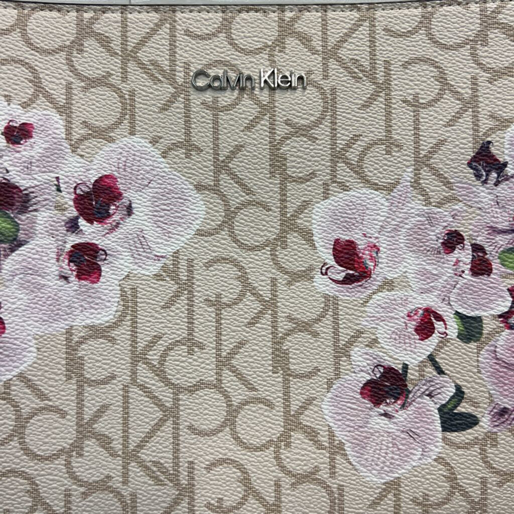 Calvin Klein Cream Logo Orchid Print Crossbody Purse