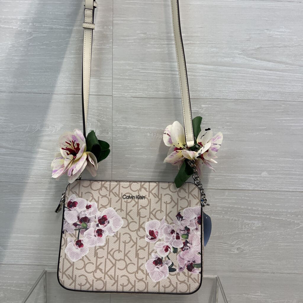 Calvin Klein Cream Logo Orchid Print Crossbody Purse
