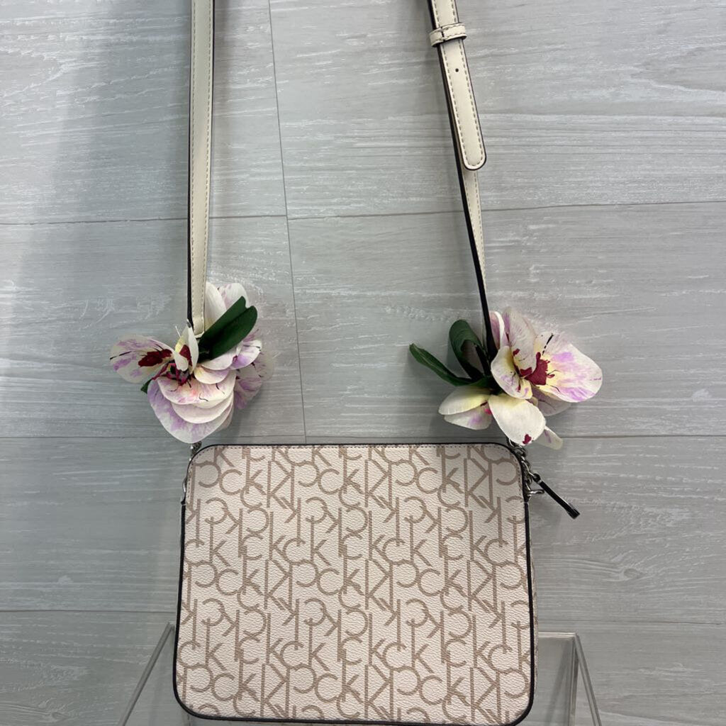 Calvin Klein Cream Logo Orchid Print Crossbody Purse