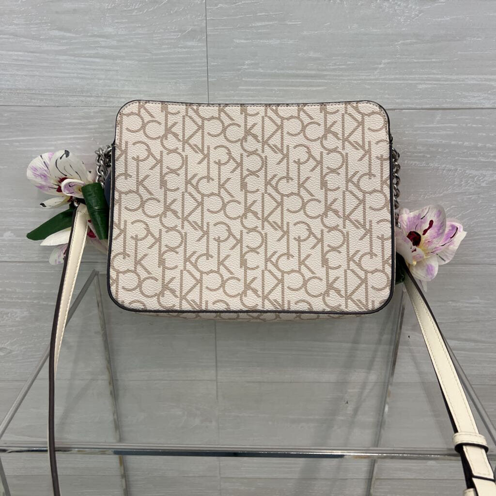 Calvin Klein Cream Logo Orchid Print Crossbody Purse