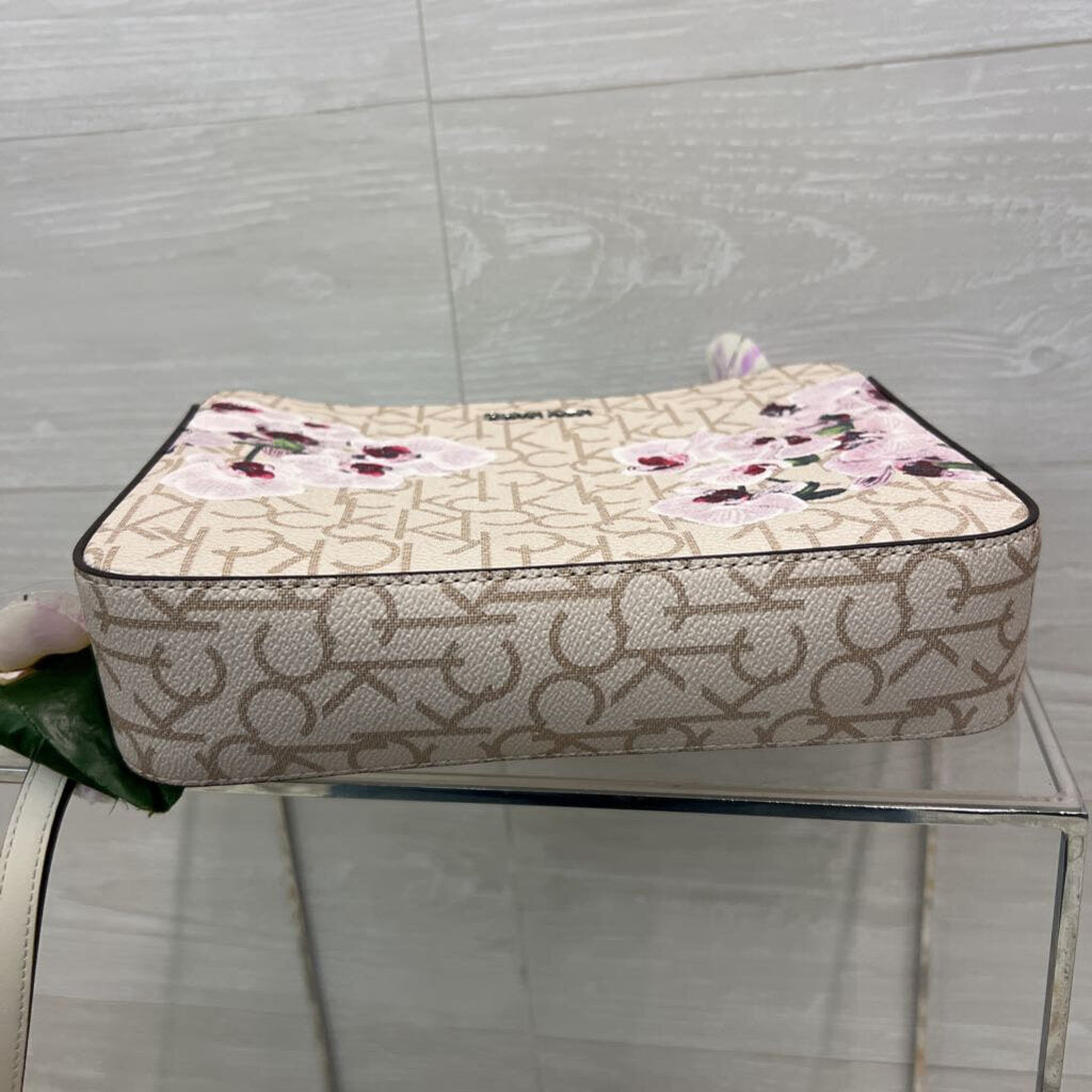 Calvin Klein Cream Logo Orchid Print Crossbody Purse