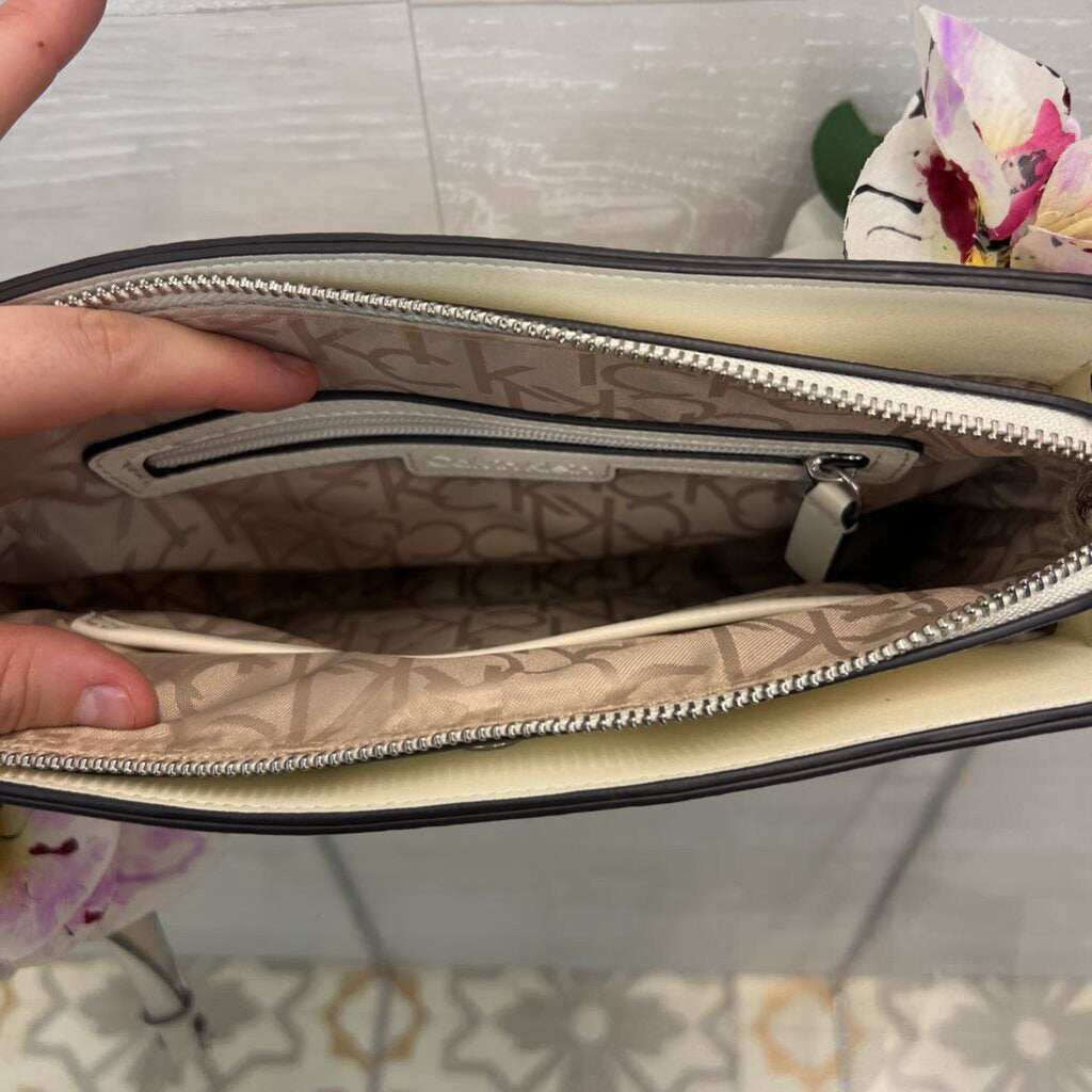 Calvin Klein Cream Logo Orchid Print Crossbody Purse