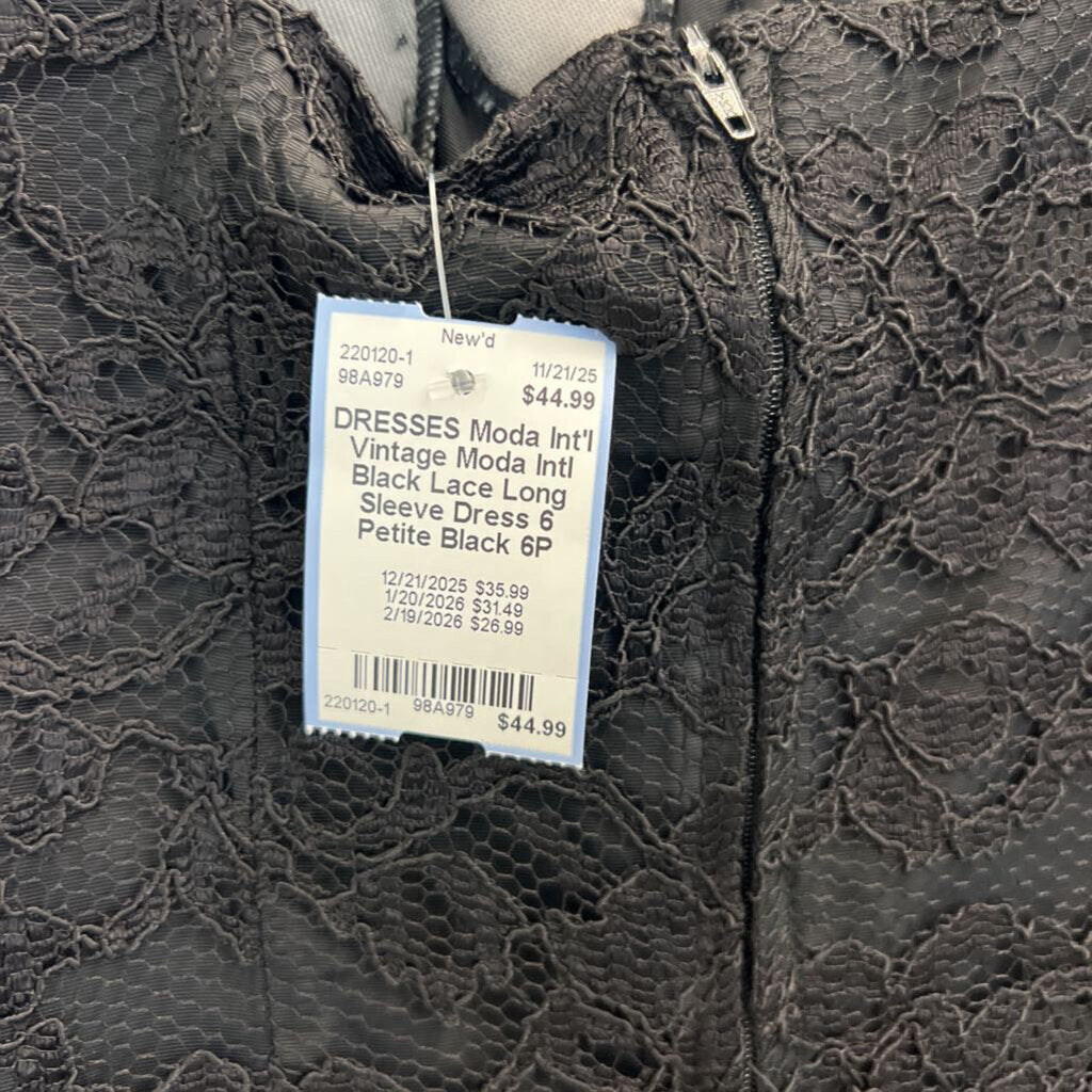 Vintage Moda Intl Black Lace Long Sleeve Dress 6 Petite