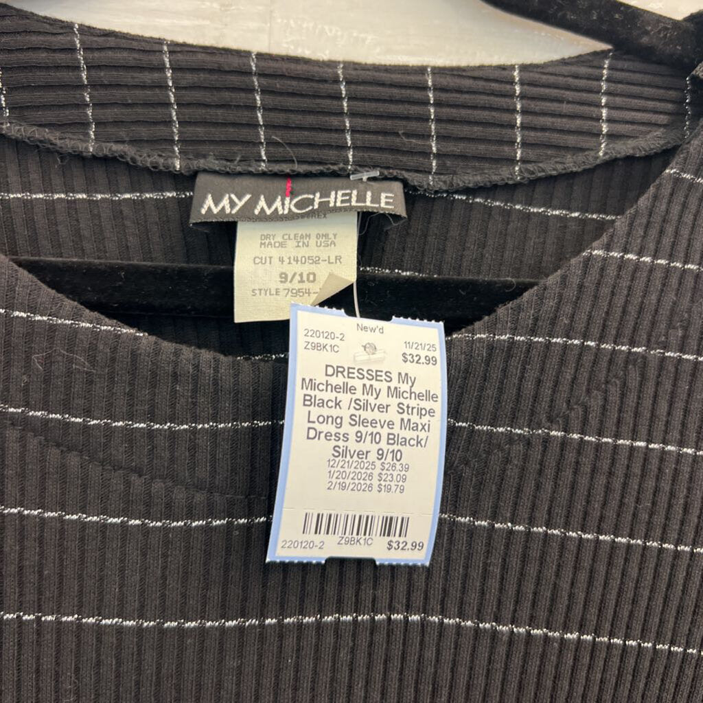 My Michelle Black /Silver Stripe Long Sleeve Maxi Dress 9/10