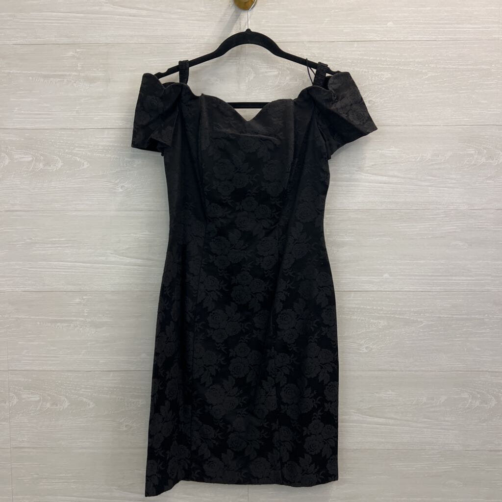 Vintage All That Jazz Black Floral Brocade Off Shoulder Dress Medium