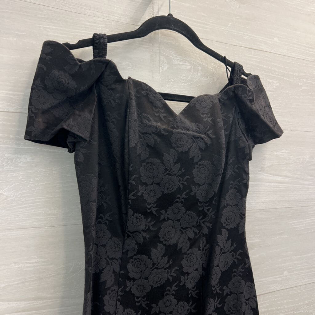 Vintage All That Jazz Black Floral Brocade Off Shoulder Dress Medium