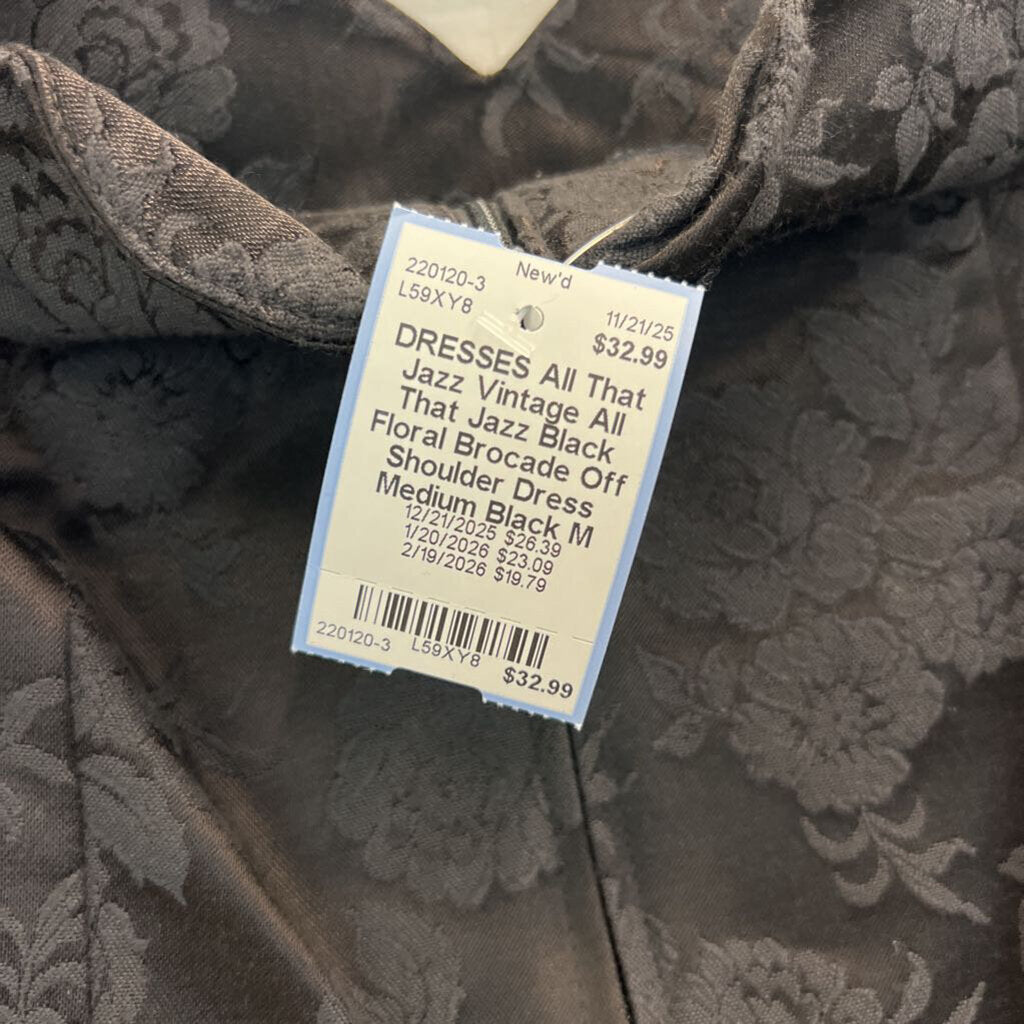 Vintage All That Jazz Black Floral Brocade Off Shoulder Dress Medium