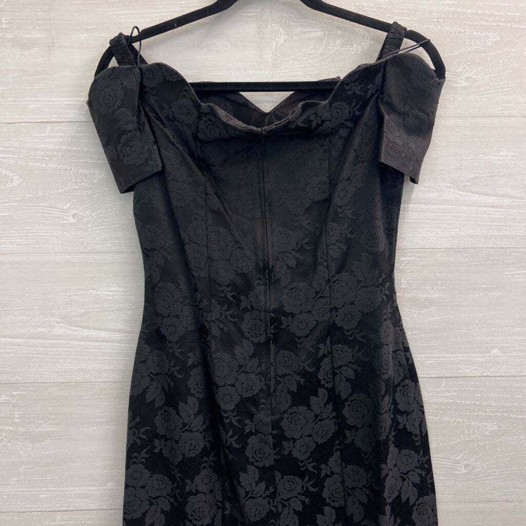 Vintage All That Jazz Black Floral Brocade Off Shoulder Dress Medium