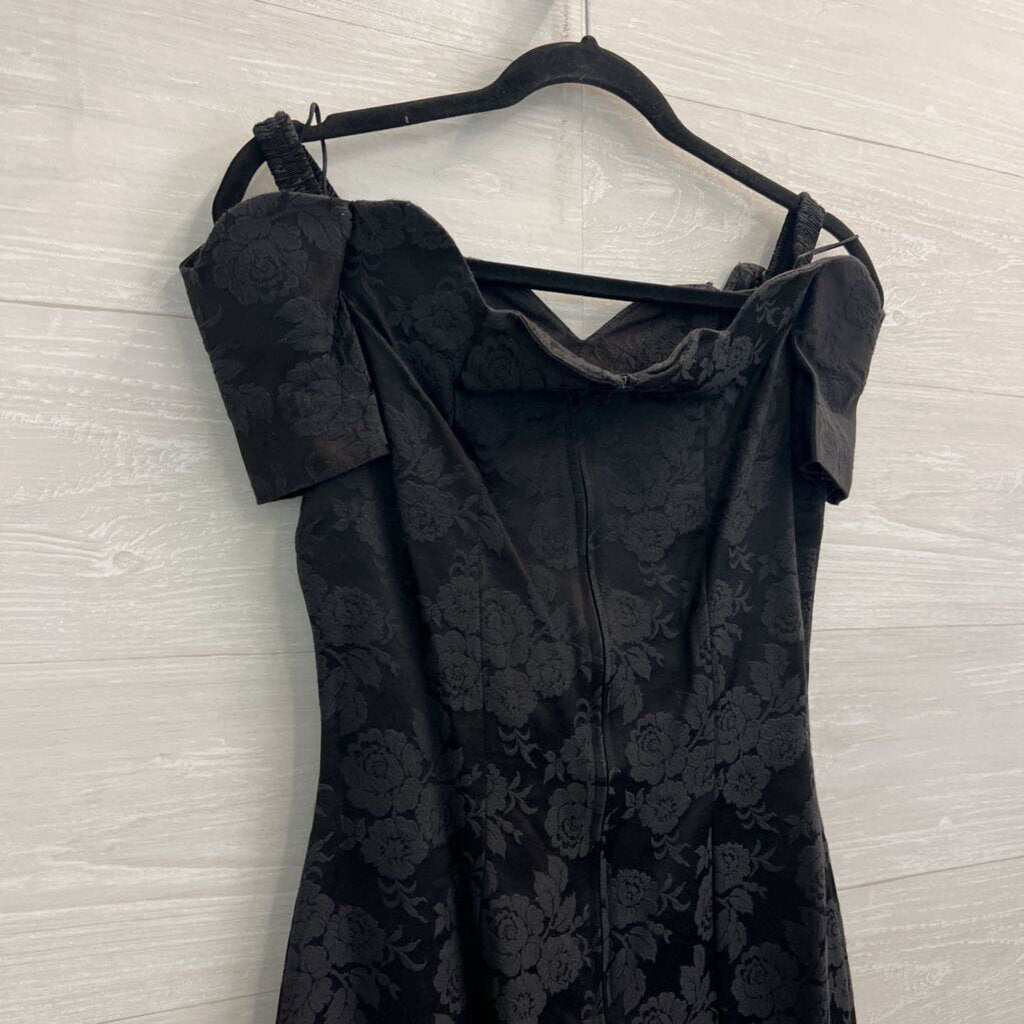 Vintage All That Jazz Black Floral Brocade Off Shoulder Dress Medium