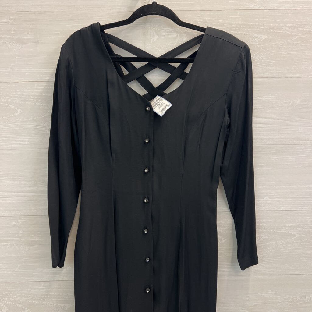 Vintage Marmie West Black Long Sleeve Button Front Maxi Dress 7/8