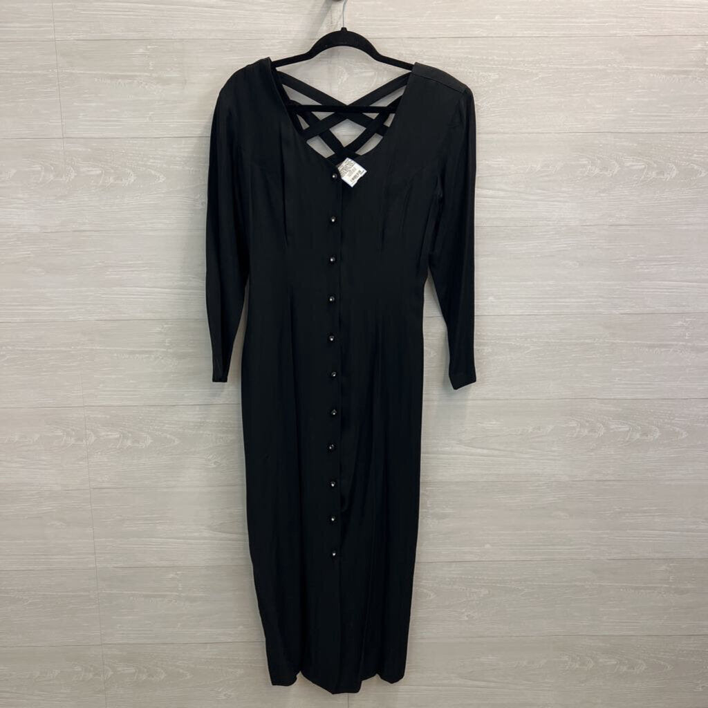 Vintage Marmie West Black Long Sleeve Button Front Maxi Dress 7/8