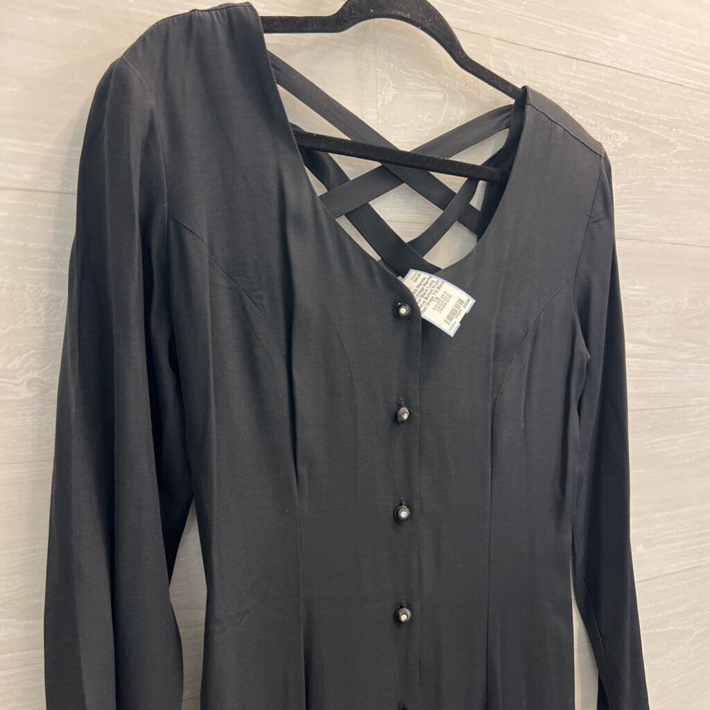 Vintage Marmie West Black Long Sleeve Button Front Maxi Dress 7/8