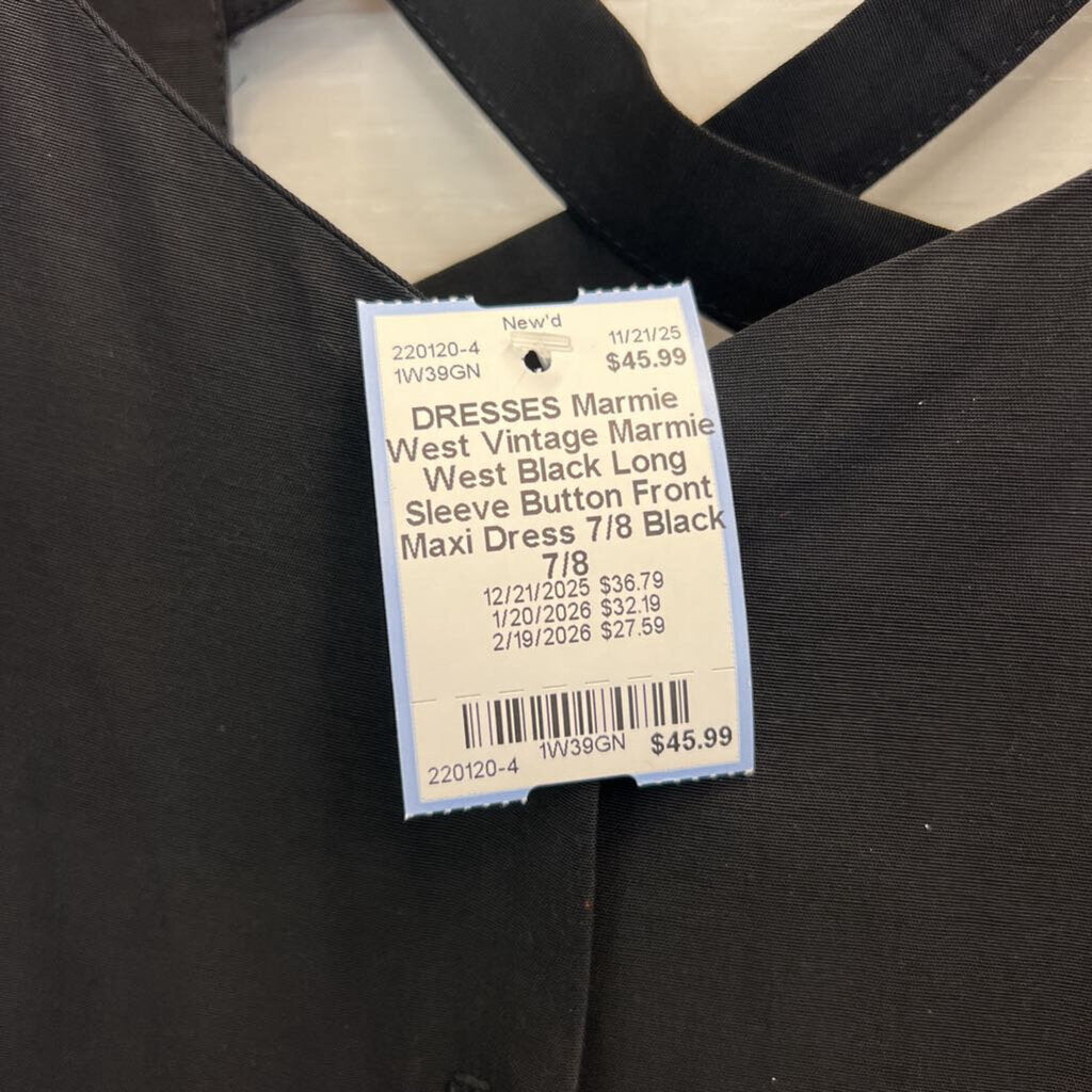 Vintage Marmie West Black Long Sleeve Button Front Maxi Dress 7/8